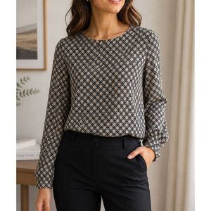 LOFT Ann Taylor XS Blouse Black Cream Print Long Sleeve Tie Neck Top
